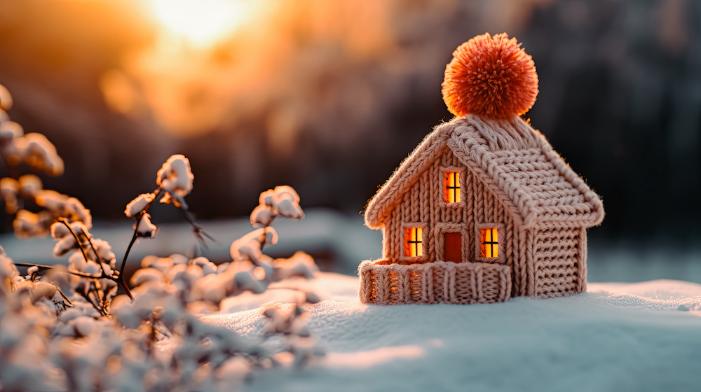 modell av ett hus som bär en stickad mössa i kall vintertid, innebär konceptet värmesystem för bostad